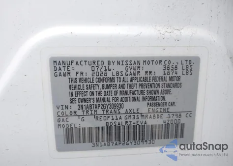 2016 Nissan Sentra Sr из США, поврежденный, VIN 3N1AB7AP2GY309930